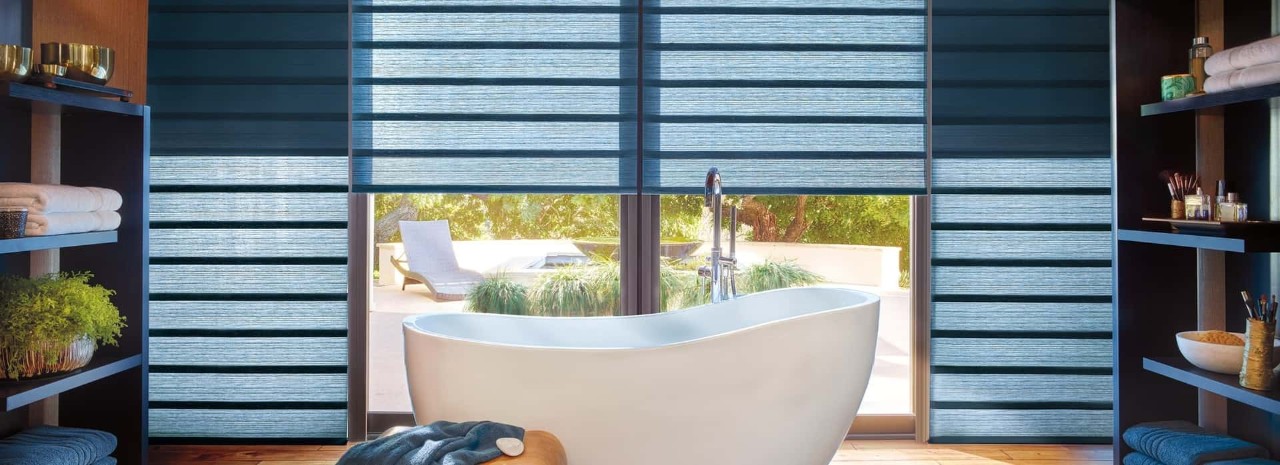 Hunter Douglas bathroom window treatments, with Vignette® Modern Roman shades near Amarillo, Texas (TX).
