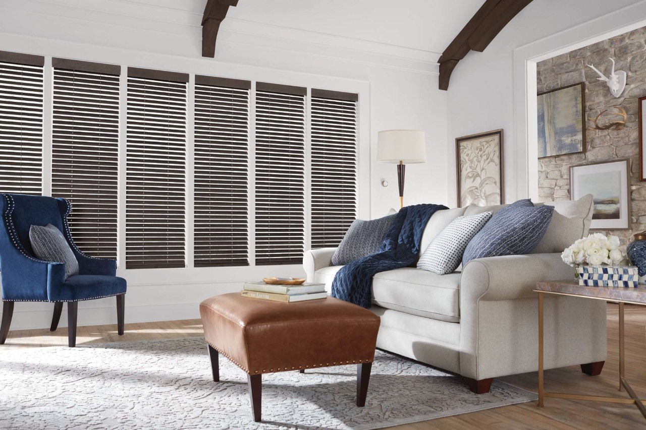 Beautiful wood blinds in the living room near Amarillo, TX