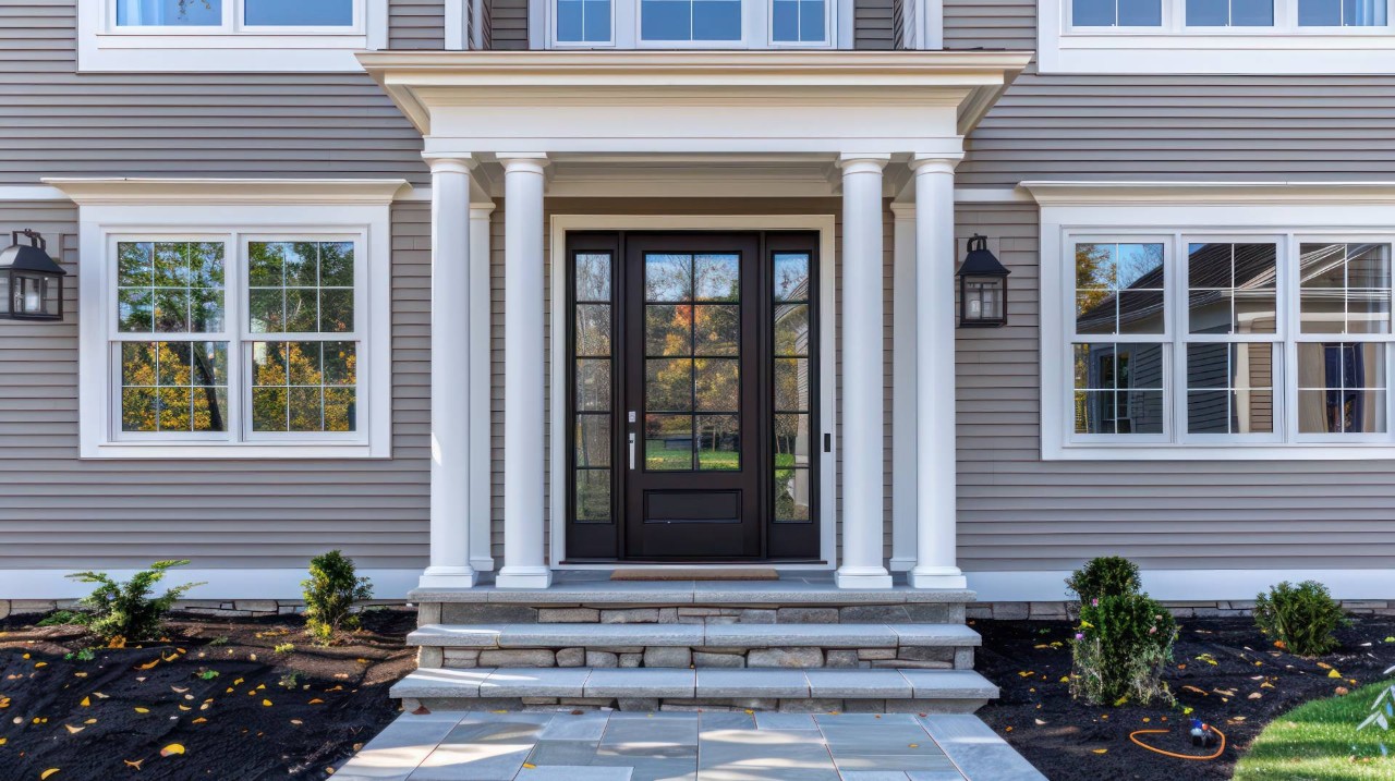 A colonial-style home with sidelights framing the front door at Amazing Blinds & Shutters near Amarillo, Texas (TX)