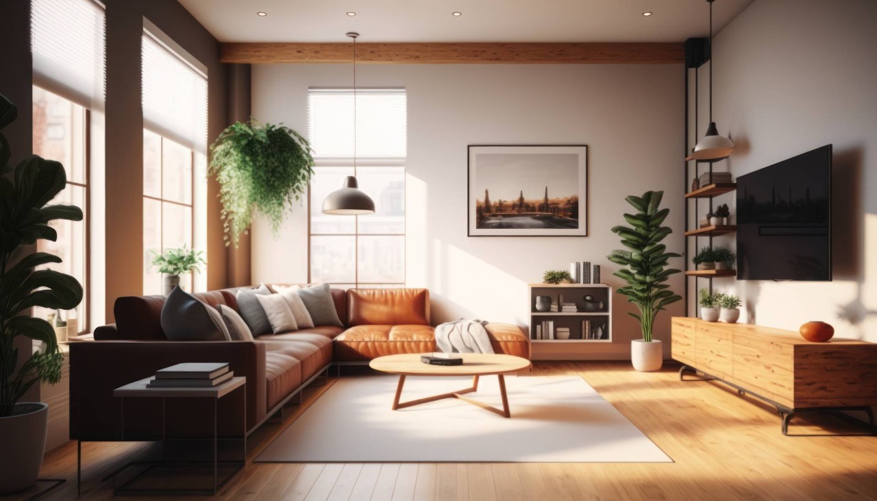 A modern living room with three windows and accompanying window coverings at Amazing Blinds & Shutters near Amarillo, TX